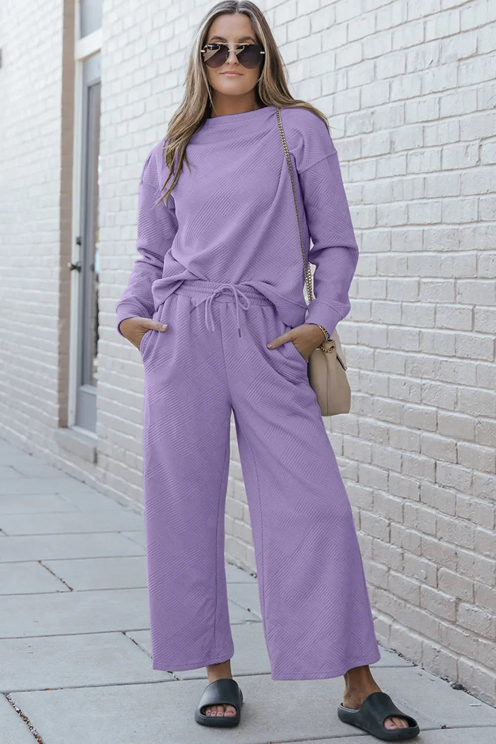 Textured Long Sleeve Top and Drawstring Pants Set - Eva's Edition