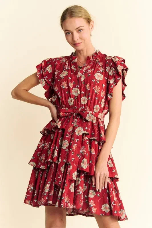 Ruffle Flutter Sleeve Tie Belt Tiered Mini Dress - Eva's Edition