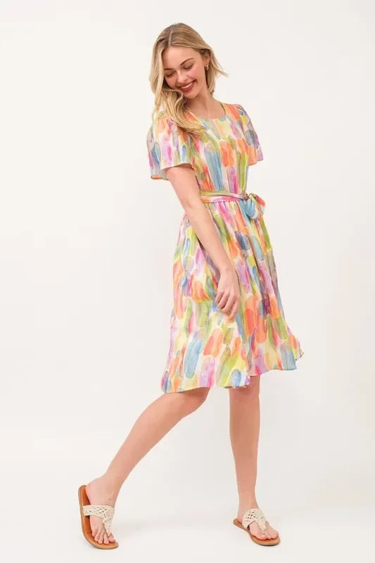 Watercolor Print Tie Front Midi Dress - Eva's Edition
