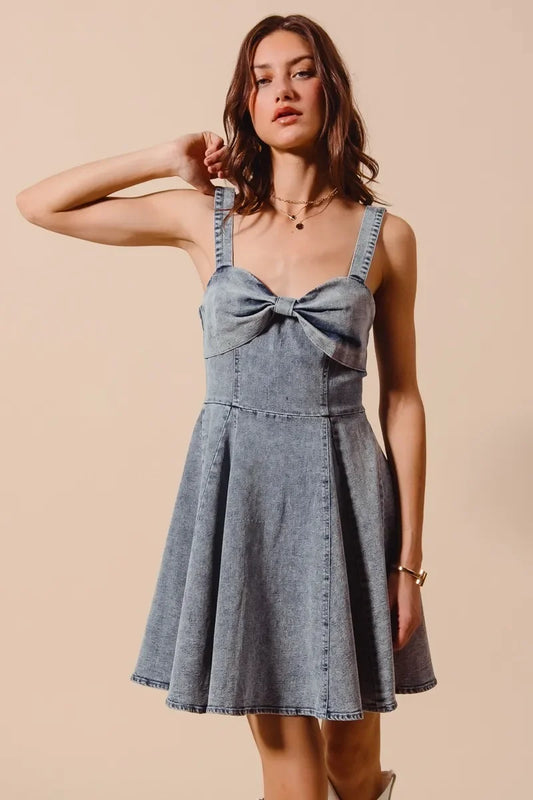 Mineral Washed Bow Ribbon Denim Flare Dress - Eva's Edition