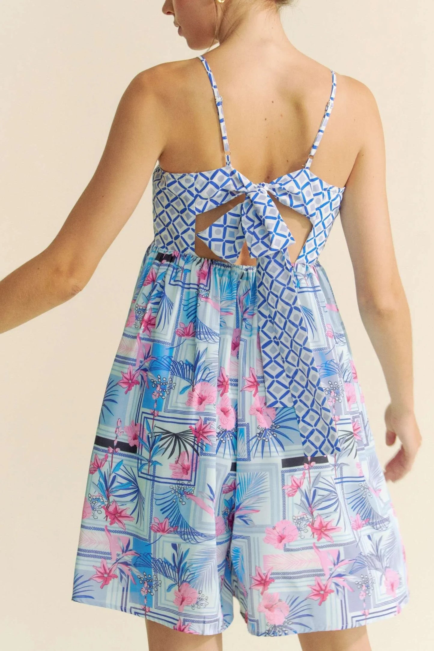Tropical Floral Geo Print Tie Back Tube Top Romper - Eva's Edition
