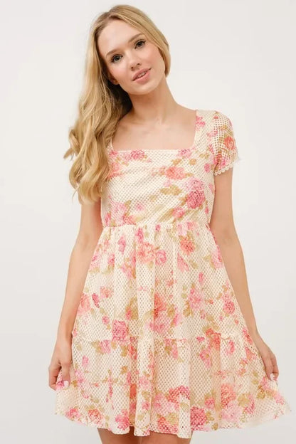 Square Neck Tiered Floral Fishnet Dress - Eva's Edition