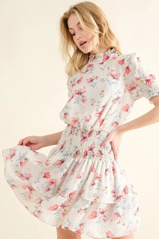 Floral Print Smocked Waist Mini Dress - Eva's Edition
