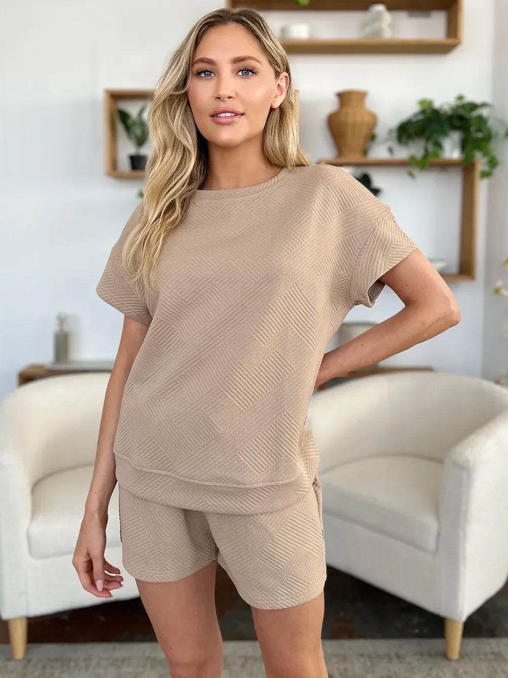 Textured Short Sleeve T-Shirt and Drawstring Shorts Set - Eva's Edition