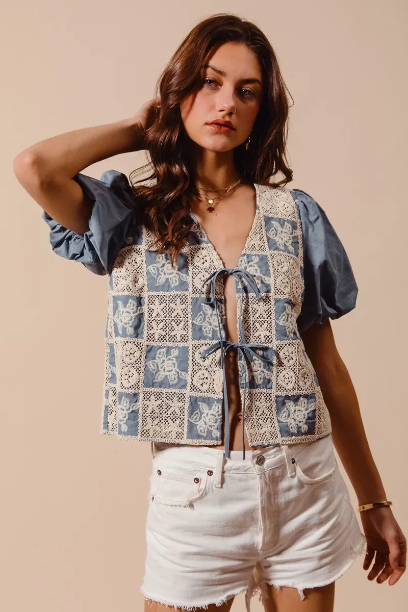 Crochet Lace Tie Front V Neck Blouse Top - Eva's Edition
