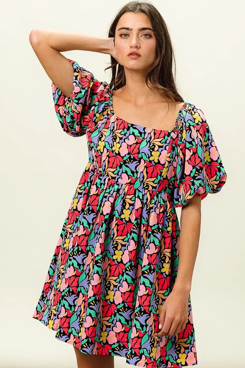 Floral Print Puff Square Neck Dress - Eva's Edition