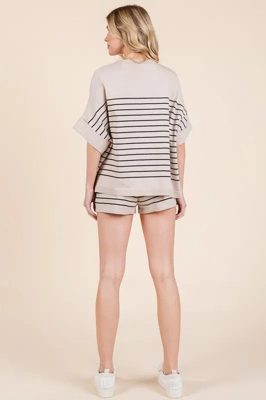 Striped Folded Half Sleeve Top and Shorts Set - Eva's Edition
