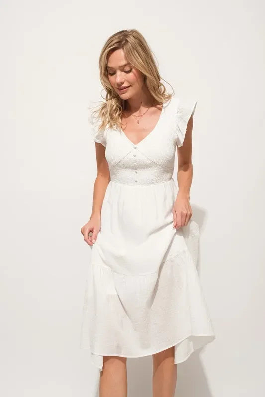 Ruffle Sleeve Front Smocked Tiered Midi Dress - Eva's Edition