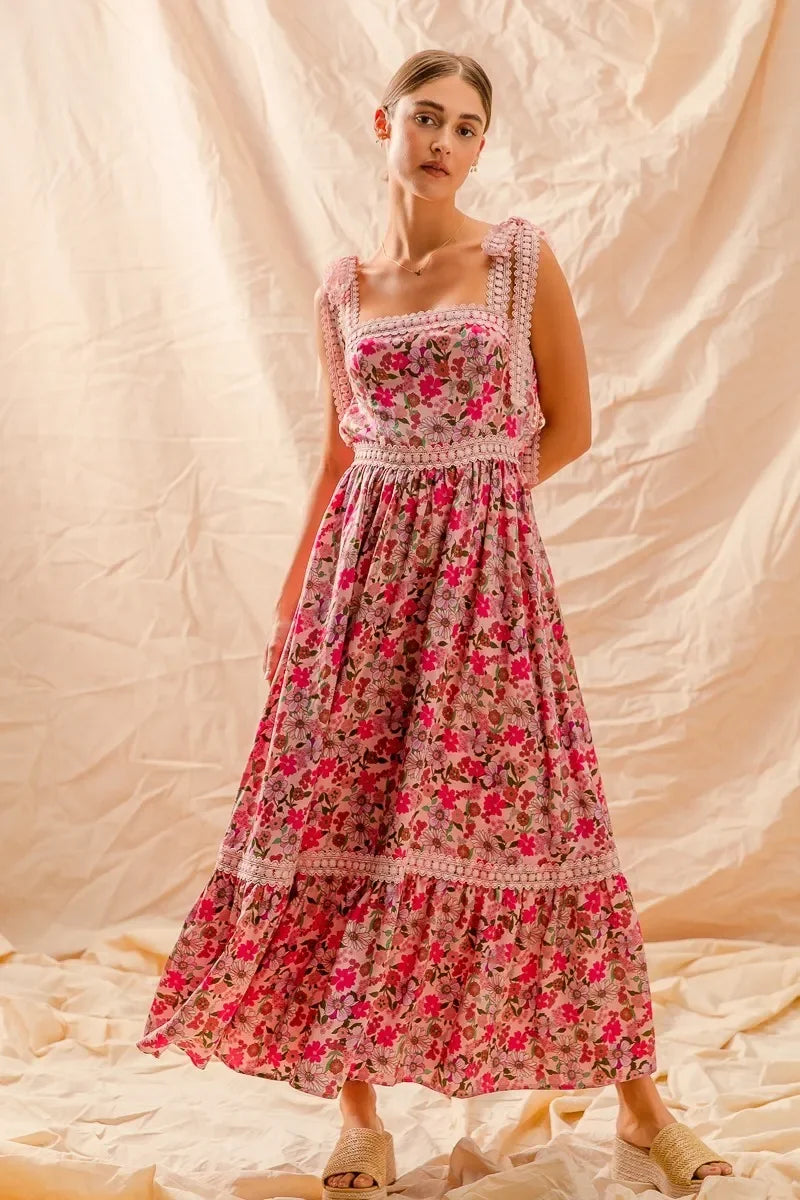 Floral Maxi Dress With Ribbon Tie Lace Strap - Eva's Edition