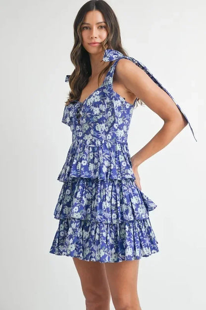 Floral Print Shoulder Tie Layered Mini Dress - Eva's Edition