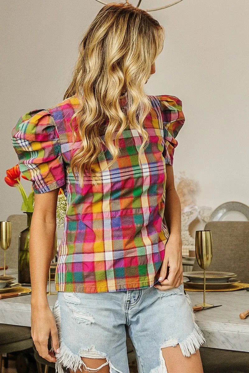 Short Puff Sleeve Washed Vintage Plaid Top - Eva's Edition