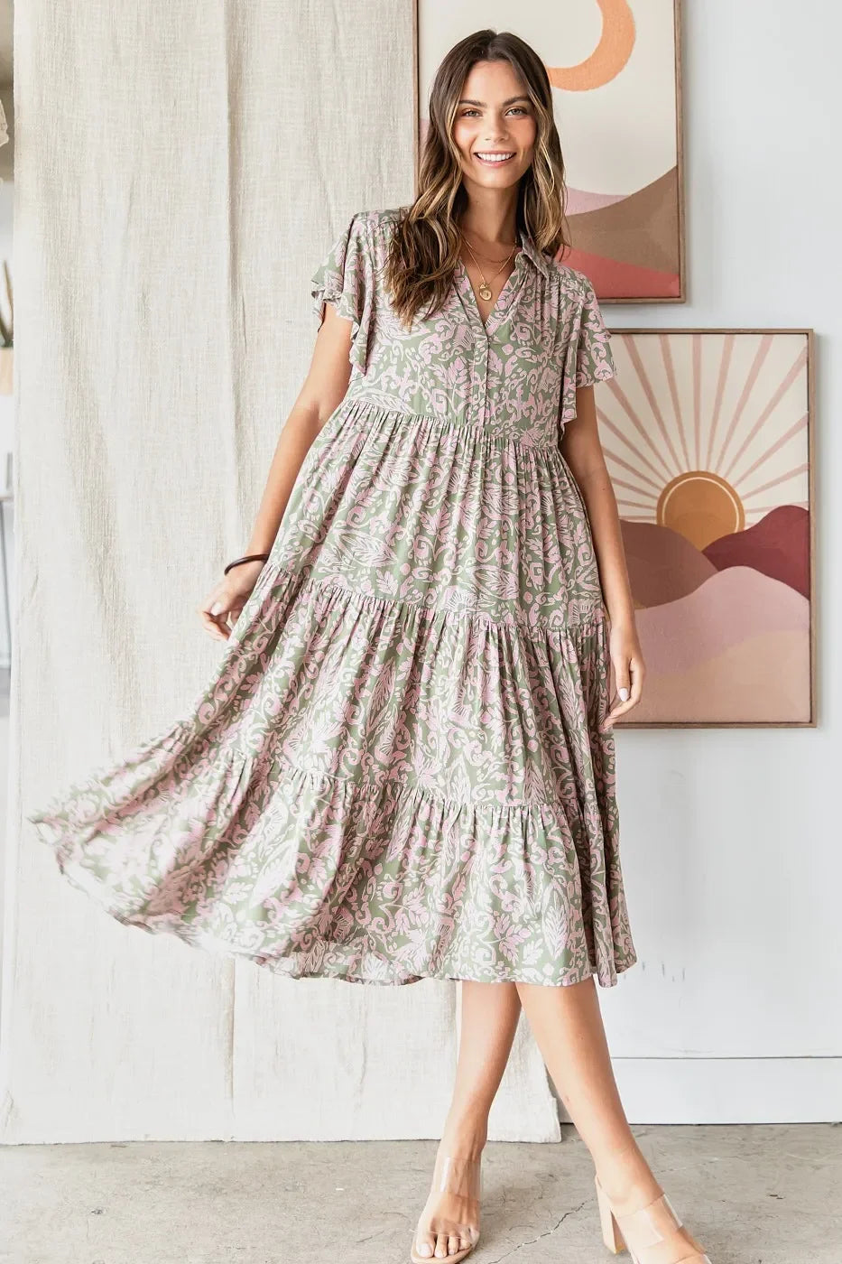Abstract Print Ruffle Tier Midi Dress - Eva's Edition
