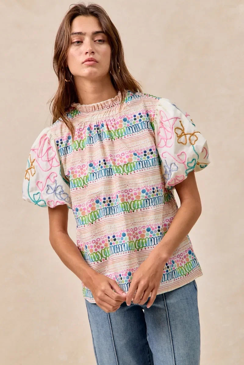 Ruffle Neckline Blouse with Embroidery Bubble Sleeve - Eva's Edition