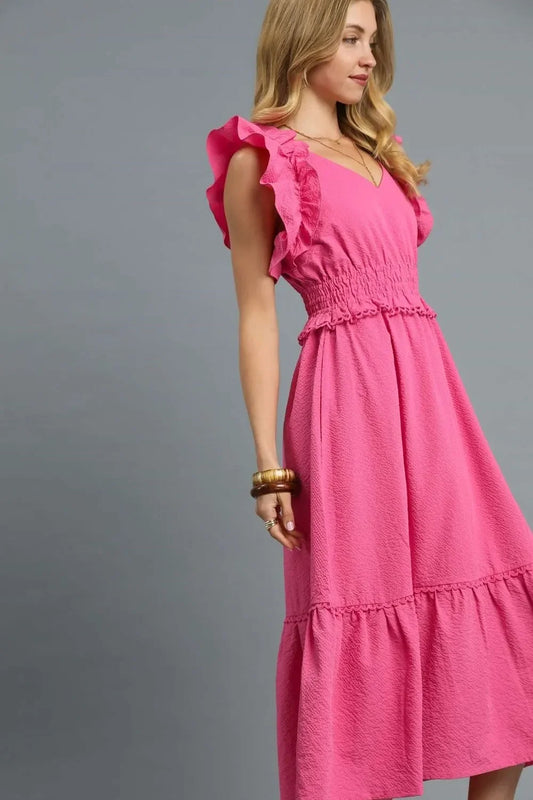 V-Neck Ruffled Cap Sleeve Midi Dress - Eva's Edition