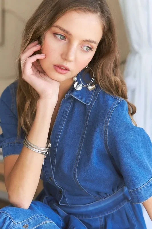 Tiered Button Down Tie Waist Short Sleeve Denim Dress - Eva's Edition