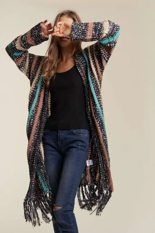 Multi Colour Sweater Long Cardigan with Fringes - Eva's Edition
