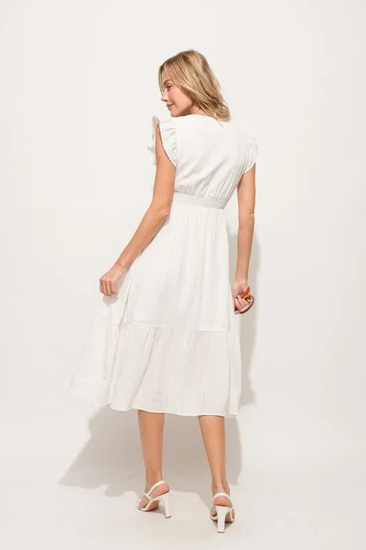 Ruffle Sleeve Front Smocked Tiered Midi Dress - Eva's Edition