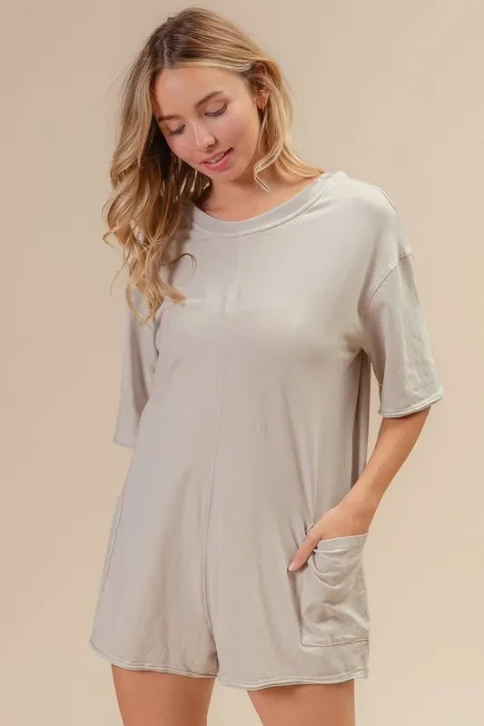 Short Sleeve Back Open Washed Romper - Eva's Edition