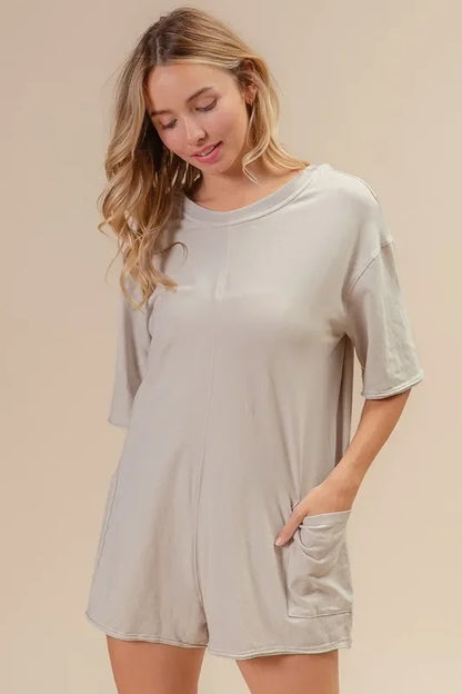Short Sleeve Back Open Washed Romper - Eva's Edition
