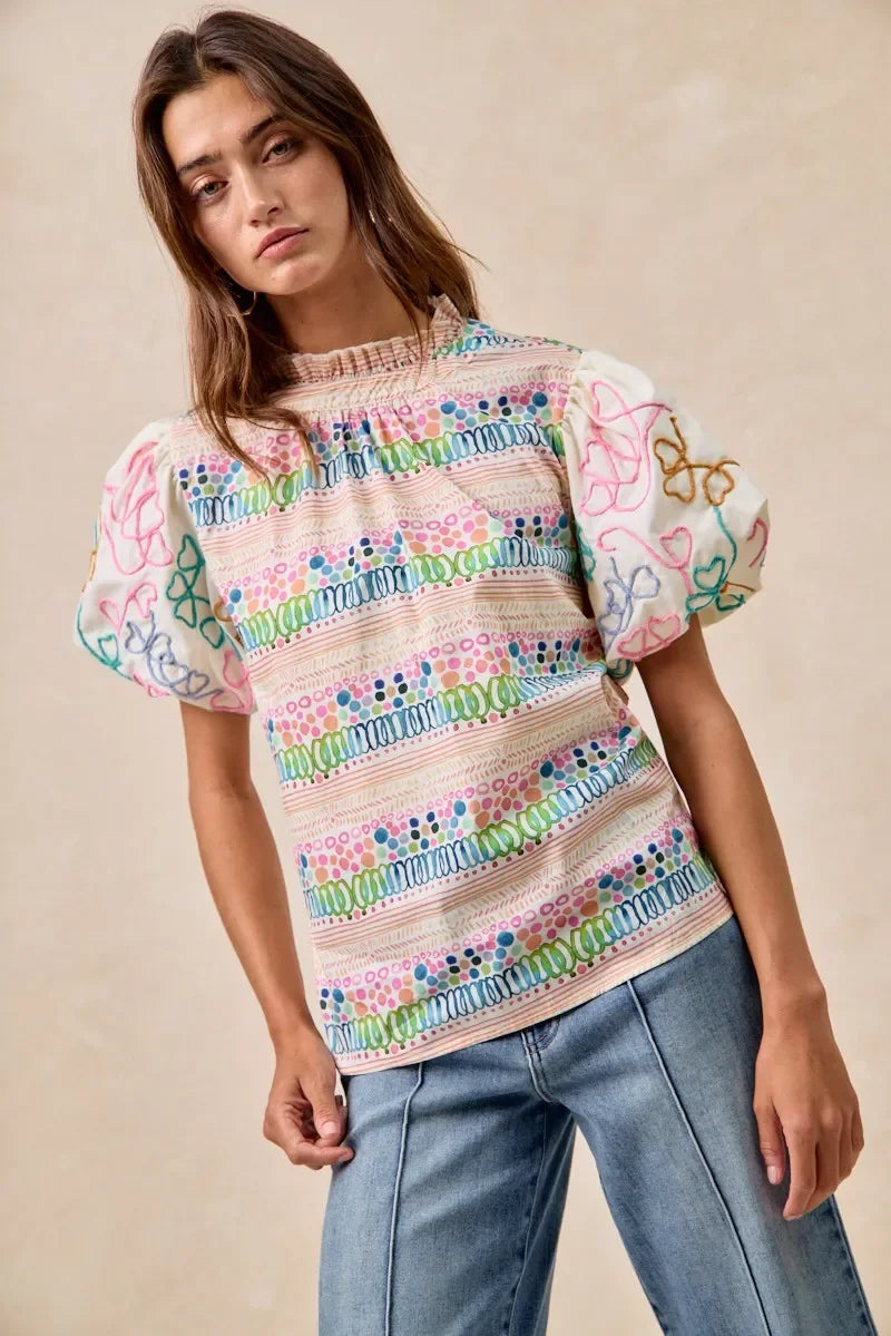 Ruffle Neckline Blouse with Embroidery Bubble Sleeve - Eva's Edition