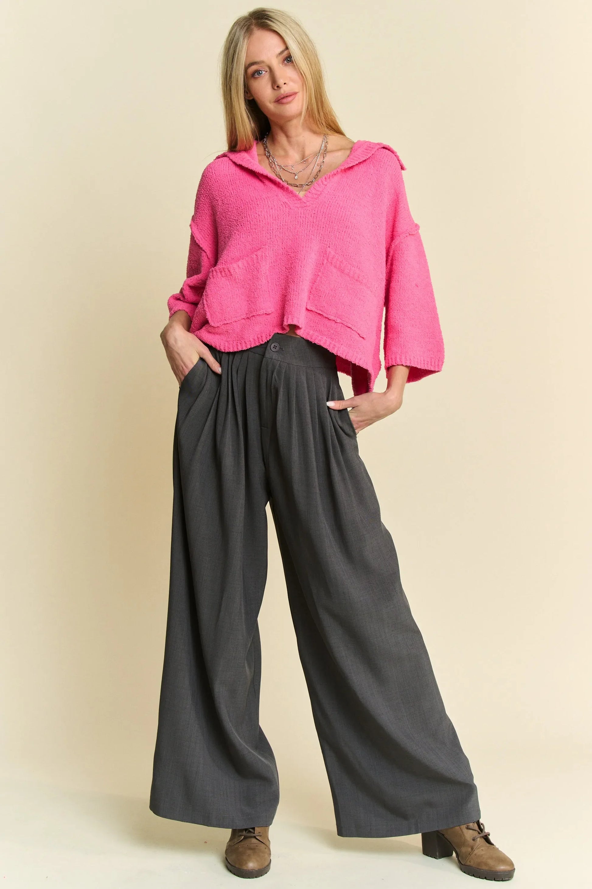 Solid Back Pocket Shirring Detail Wide Leg Pants - Eva's Edition