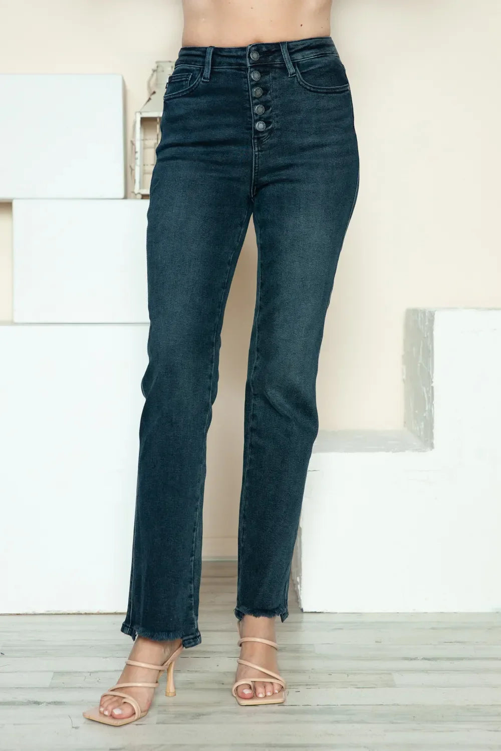 Button Fly Hem Destroy Straight Jeans - Eva's Edition