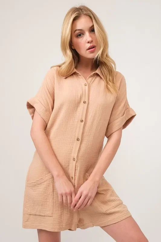 Gauze Roll-up Sleeve Comfort Utility Romper - Eva's Edition