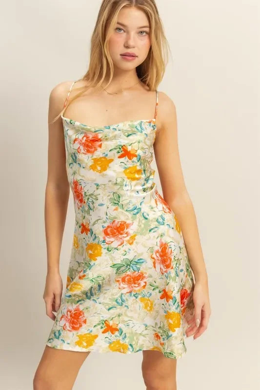 Cowl Neck Flirty Satin Mini Dress - Eva's Edition