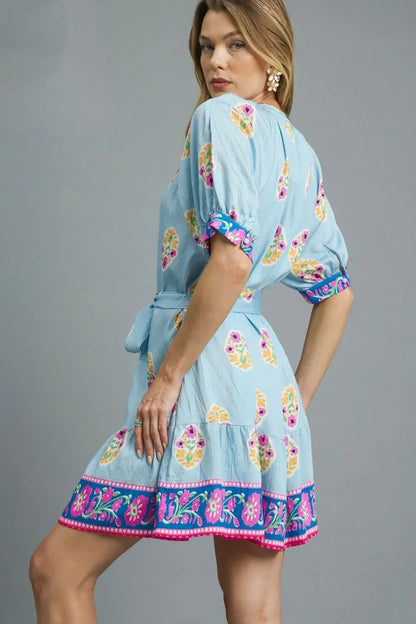 Floral Print Tie Waist Short Sleeve Dress - Eva's Edition