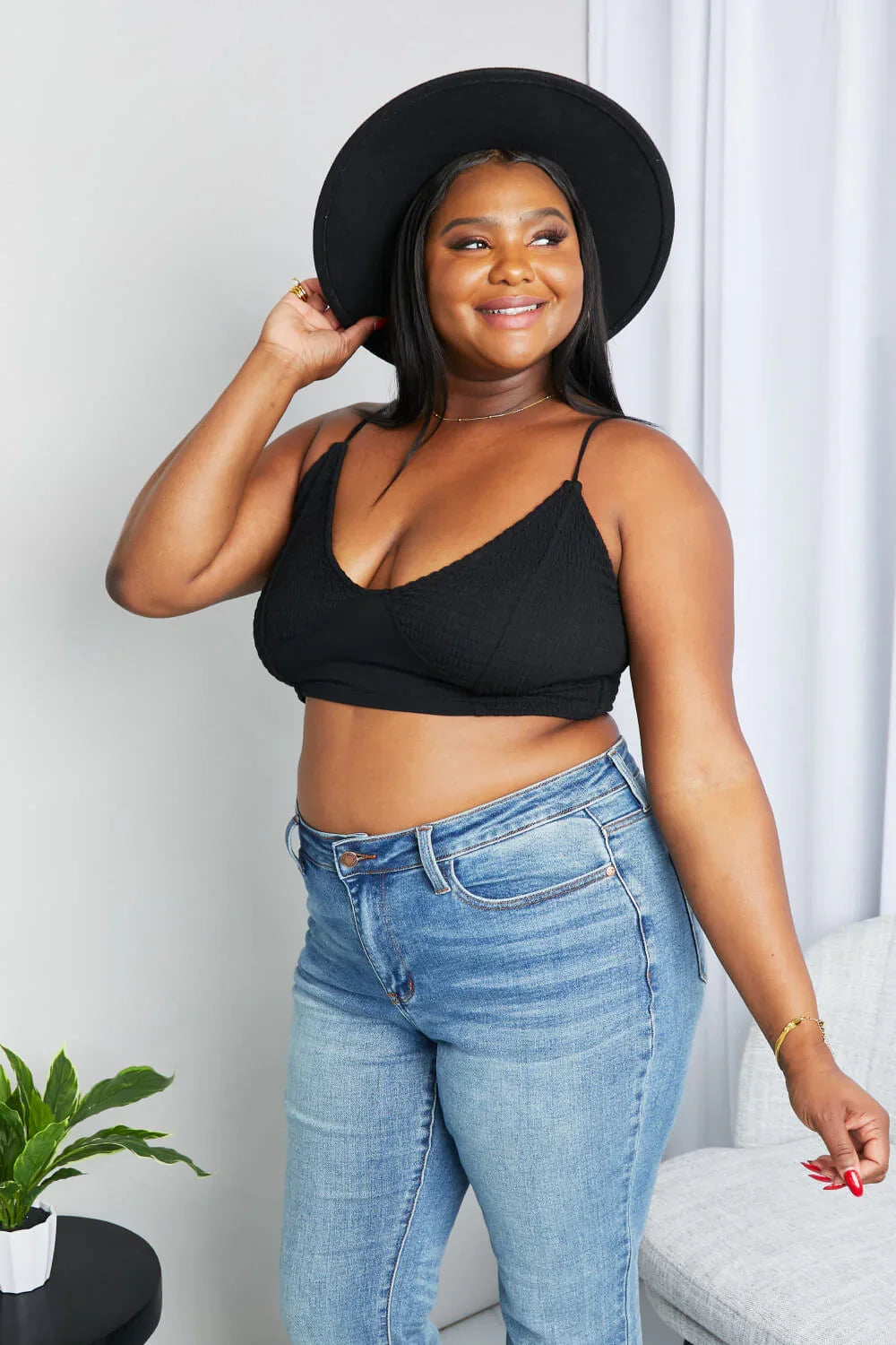 Textured Spaghetti Strap Bralette in Black - Eva's Edition
