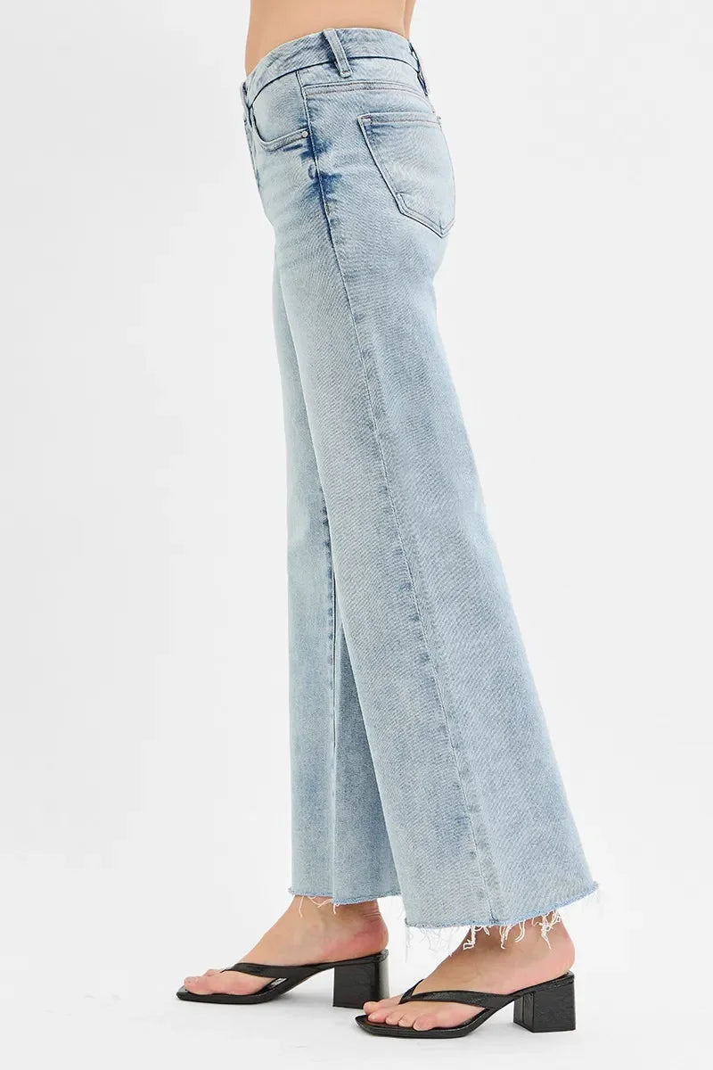 Tummy Control Low Rise Wide Leg Raw Cut Hem Jeans - Eva's Edition