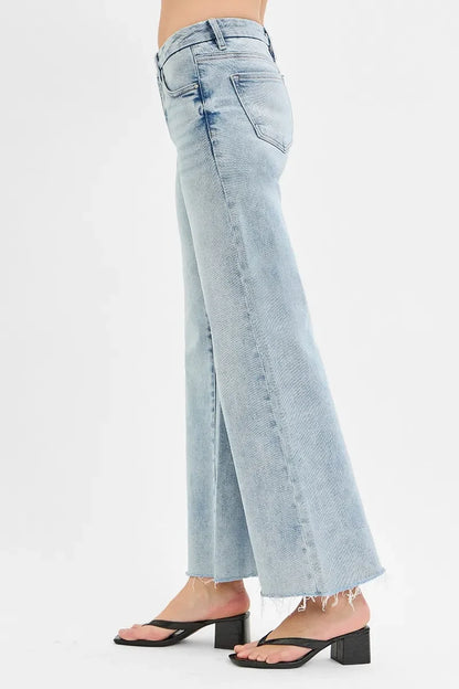 Tummy Control Low Rise Wide Leg Raw Cut Hem Jeans - Eva's Edition