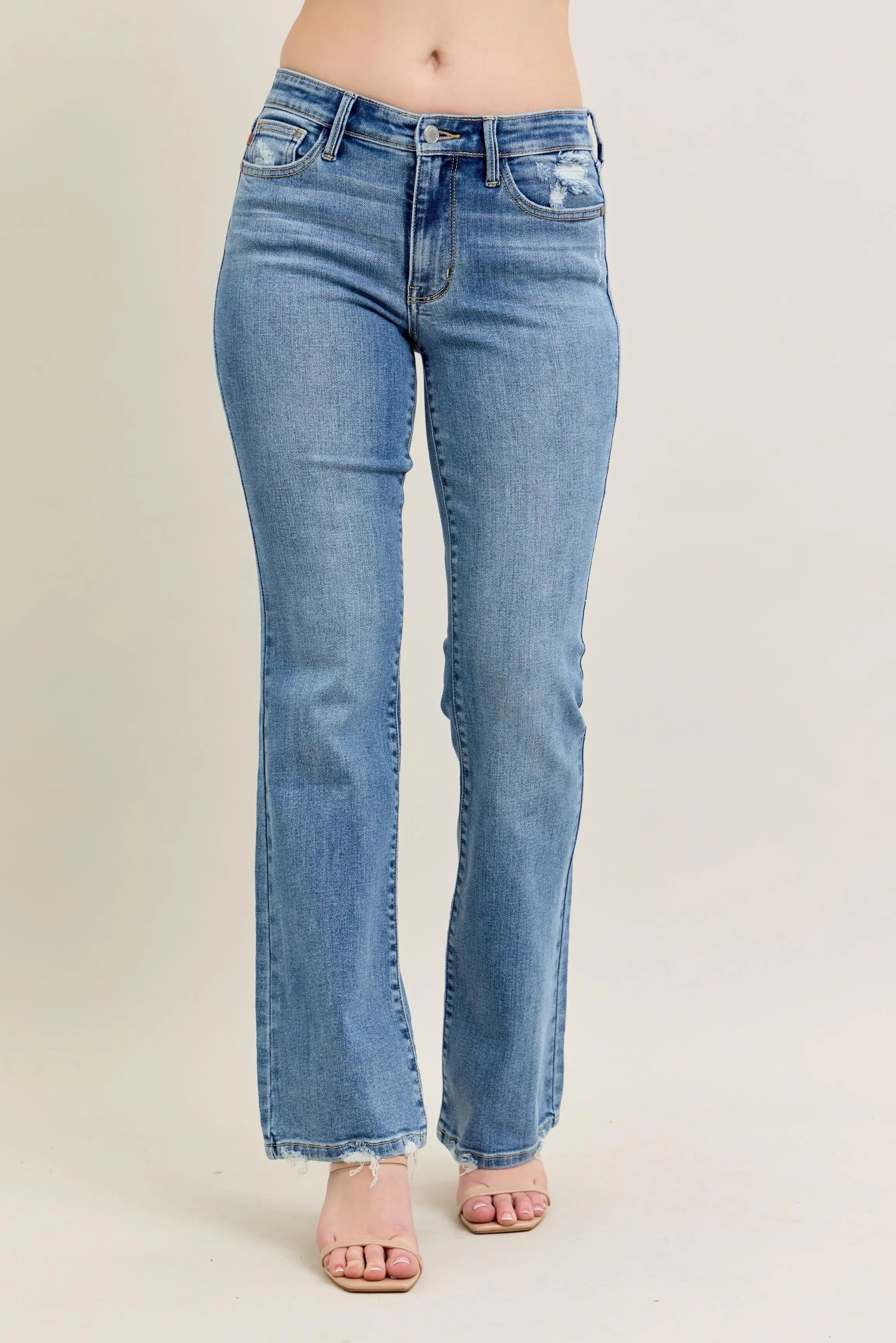 Mid Rise Wash Destroy Hem Bootcut Jeans - Eva's Edition