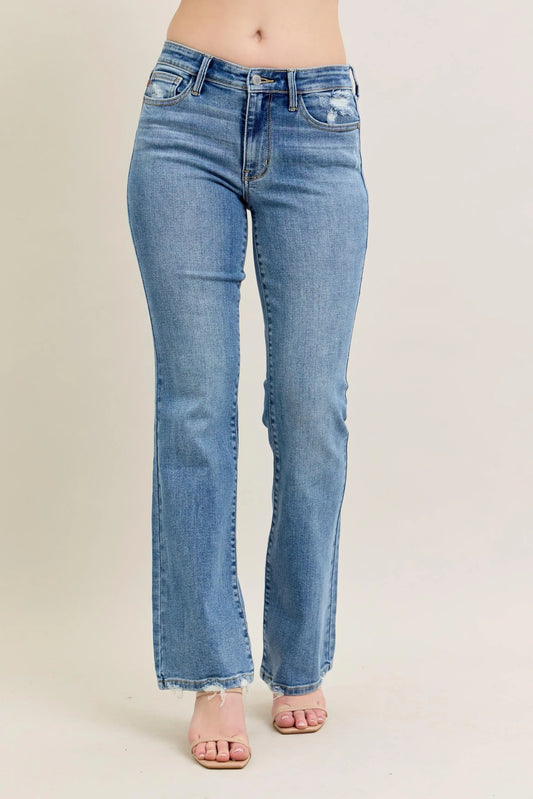 Mid Rise Wash Destroy Hem Bootcut Jeans - Eva's Edition