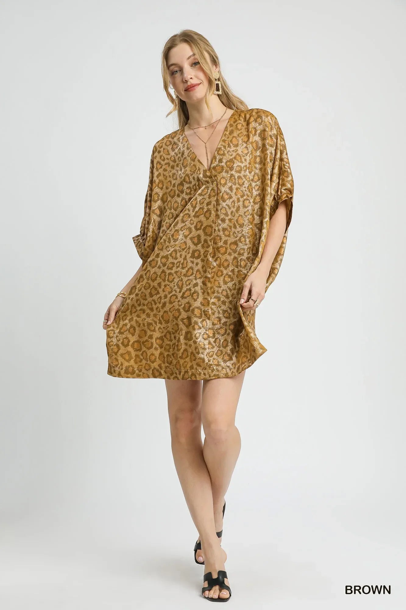 Metallic Leopard Print V-Neck Kimono Dress - Eva's Edition