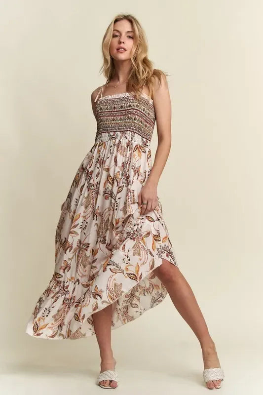 Smocked Printed Square Necktie Shoulder Cami Dress - Eva's Edition