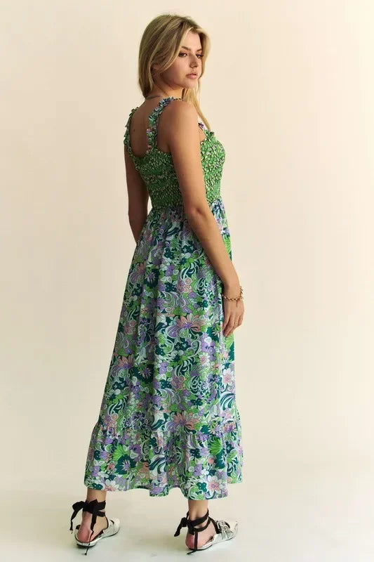 Multi Smocked Bodice Geo Ruffle Strappy Midi Dress - Eva's Edition