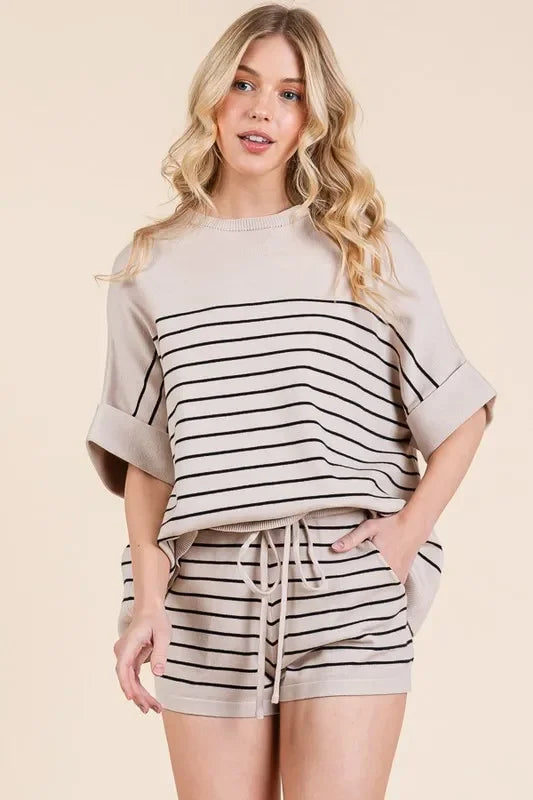 Striped Folded Half Sleeve Top and Shorts Set - Eva's Edition