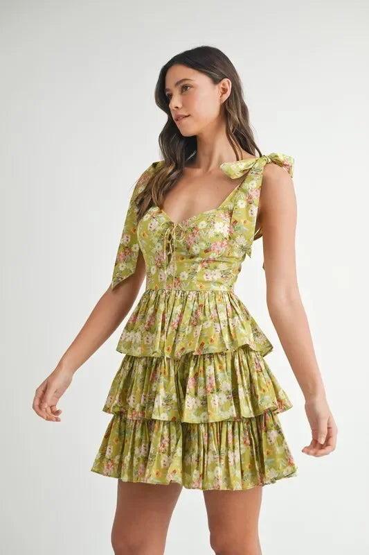 Floral Print Shoulder Tie Layered Mini Dress - Eva's Edition