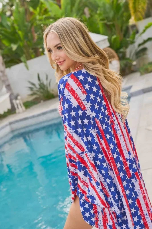 American Flag Print Dolman Sleeve Kimono Cardigan - Eva's Edition