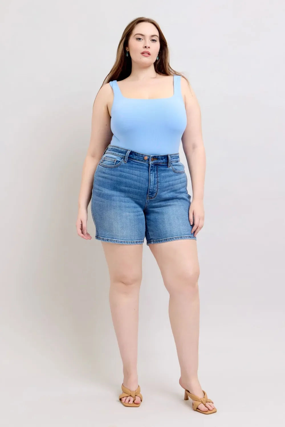 2 Button Denim Shorts with Pockets Plus Size - Eva's Edition