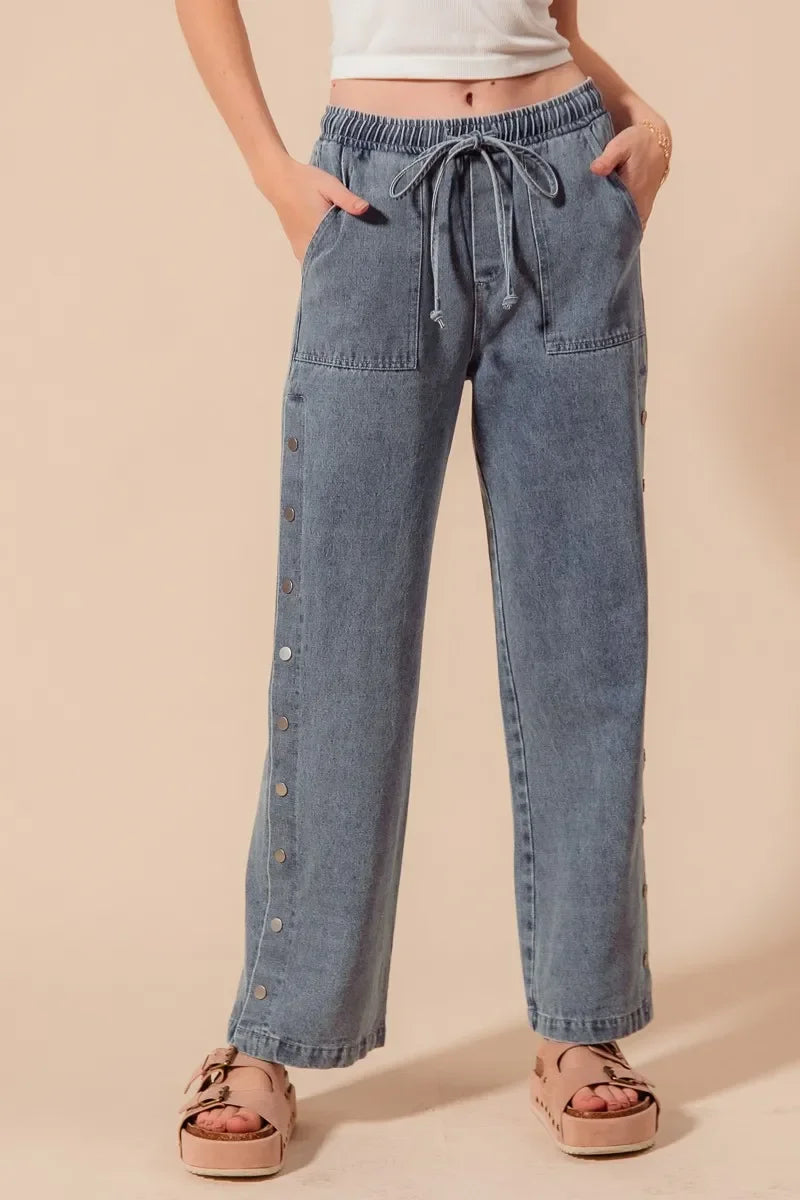 Mid Rise Drawstring Jeans with Side Snap Button - Eva's Edition