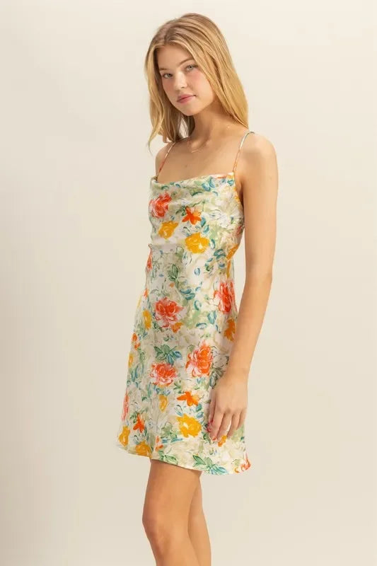 Cowl Neck Flirty Satin Mini Dress - Eva's Edition