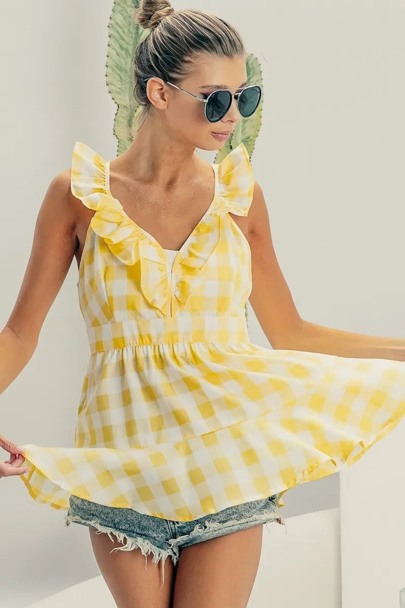 Sleeveless Check Plaid Peplum Top - Eva's Edition