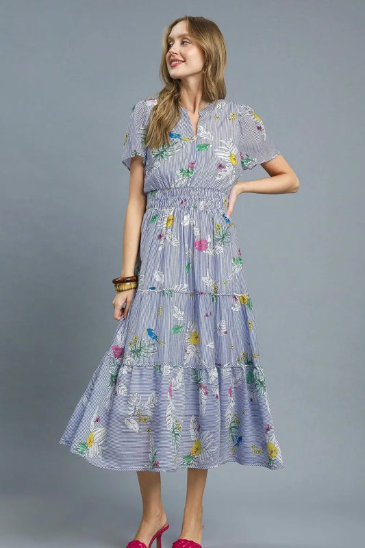 Smocked Waist Floral Short Sleeve Midi Dress - Eva's Edition