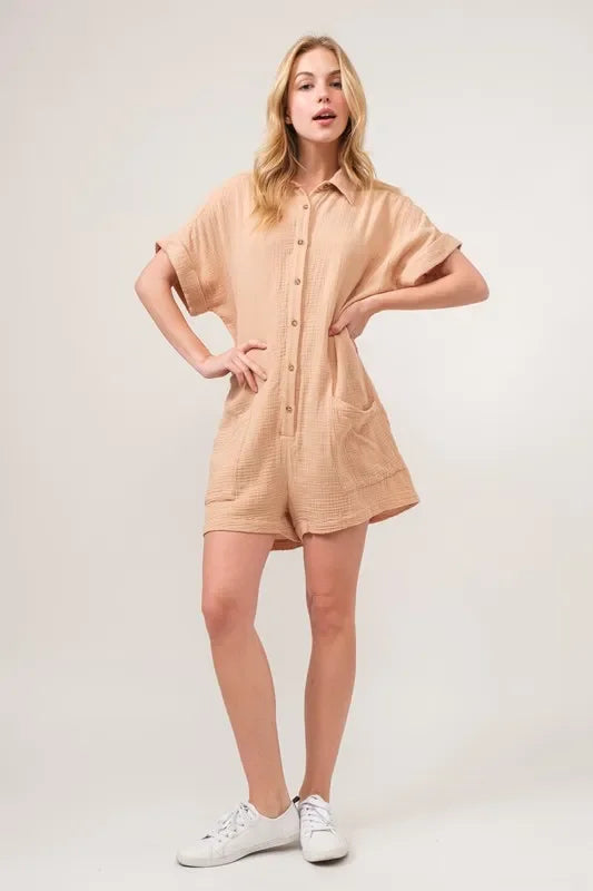 Gauze Roll-up Sleeve Comfort Utility Romper - Eva's Edition