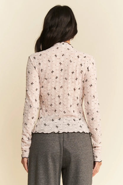 Ribbon Bow Lace Hem Long Sleeve Mesh Layering Top - Eva's Edition