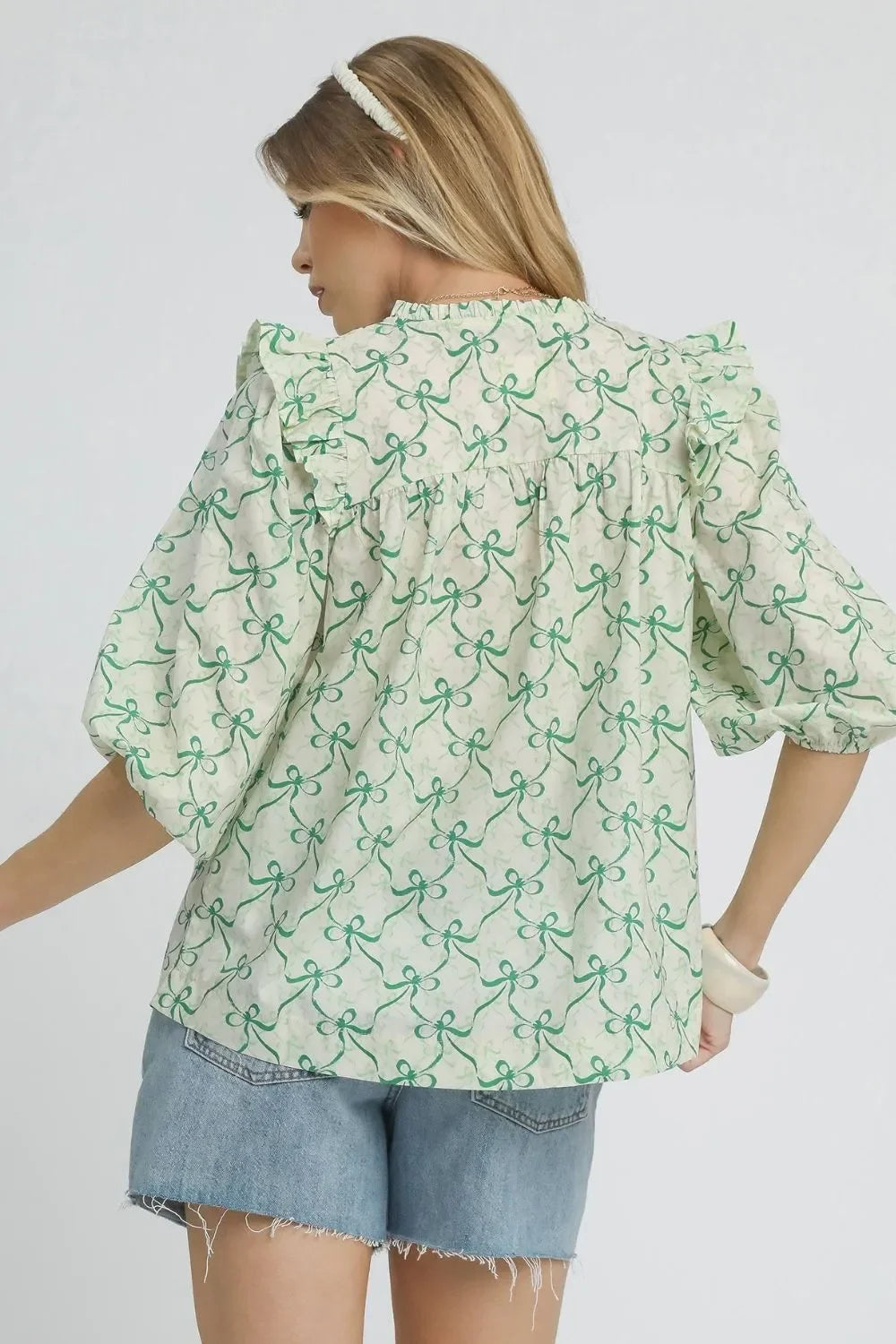 Ruffled Bow Print Notched Blouse - Eva's Edition