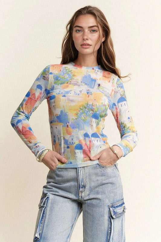 Multi Printed Mesh Round Neck Long Sleeve Top - Eva's Edition