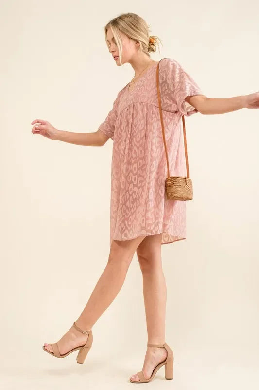 Woven Leopard Baby Doll Roll-Sleeve Casual Dress - Eva's Edition